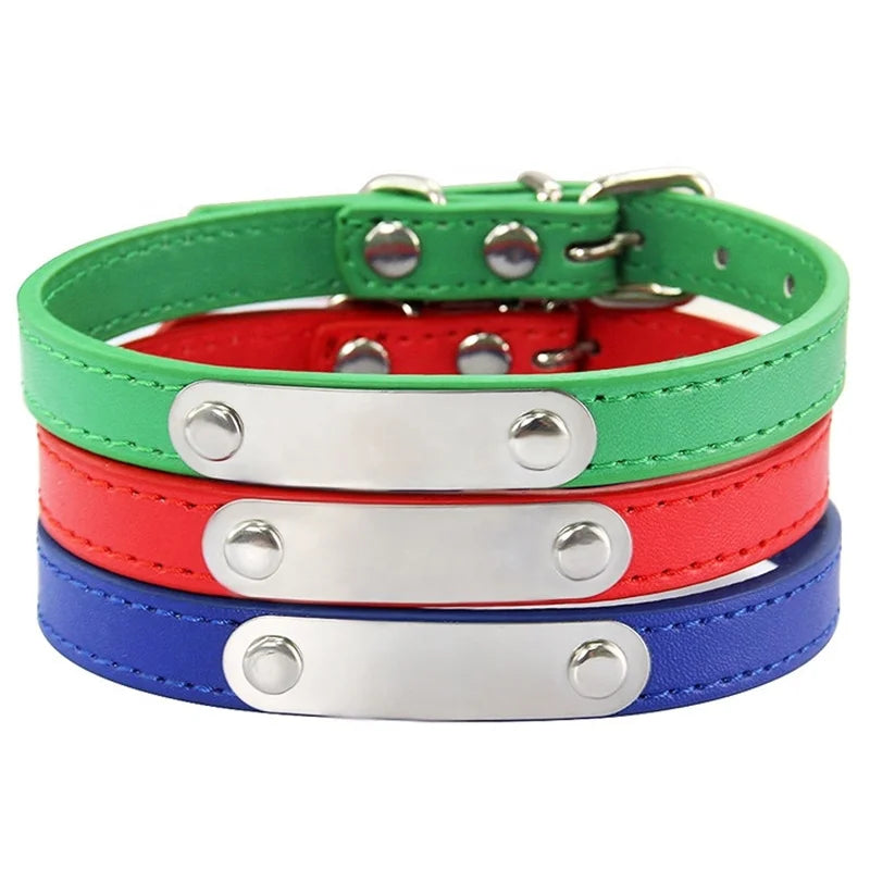 Wholesale Custom Dog Collars XL-XXL Size Solid Pattern PU Leather Stainless Steel Name Tag Personalized Engraving Pure Black