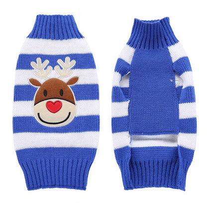 Christmas Reindeer Applique Pet Sweater Striped Knit Pullover XS Small Medium Dogs Winter Acrylic High Neck Ribbed Trim Red Blue