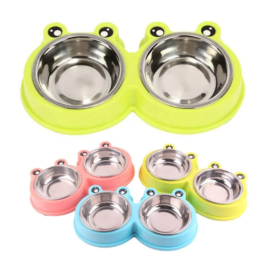 Cute Cartoon Frog Design Large Metal Bowl Candy Color Double Bowls with Stainless Steel for Small Dogs & Cats Solid Pattern
