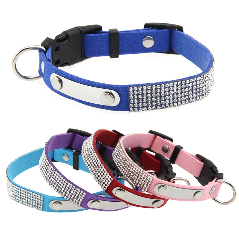 Modern Elegant Durable Sparkly Rhinestone Dog Collar ID Tag Adjustable Soft Microfiber Neckband D-Ring for Cats & Small Dogs