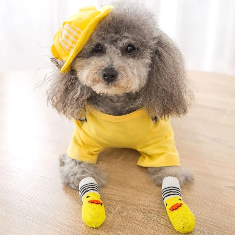 Cute Cartoon Duck Paw Anti-Slip Rubber Dog Socks Fashion Style Waterproof Pet Sock Shoes with Grip Knitted Animal Pattern