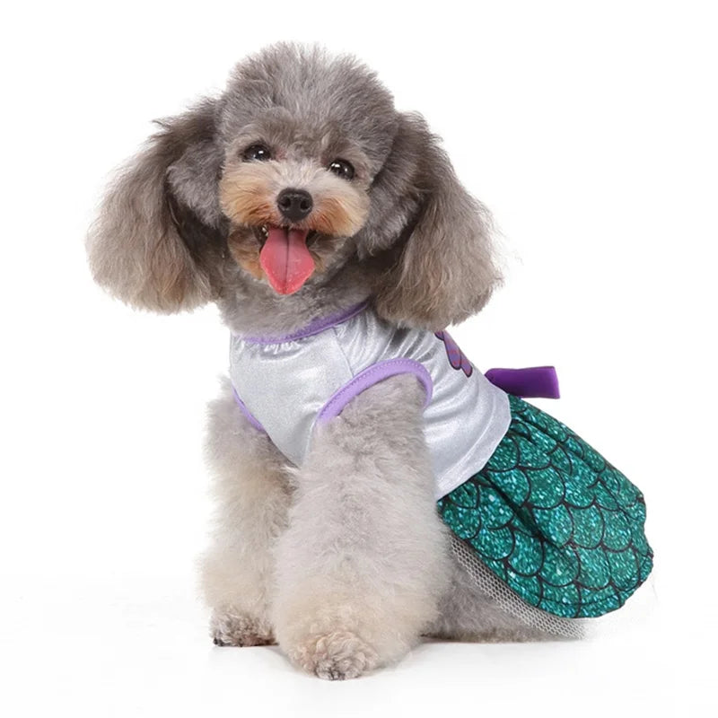 Shining Green Modern Mermaid Fish Tail Spring Summer Dress for Dogs Cute Princess Style Pet Clothes Stylish Mermaid Printing
