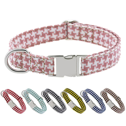 Adjustable Durable Luxury Cotton Linen Dog Collar Leash Set Houndstooth Pattern Buckle Closure Spot Clean Pet Accessories for