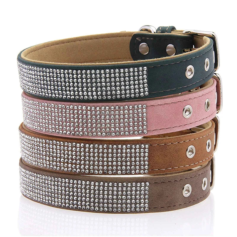 Elegant Solid Retro Suede Rhinestone Dog Collar with D-Ring Durable PU Leather Adjustable Buckle for Cats & Dogs