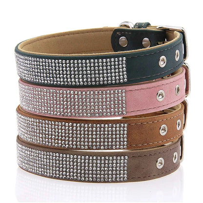 Elegant Solid Retro Suede Rhinestone Dog Collar with D-Ring Durable PU Leather Adjustable Buckle for Cats & Dogs