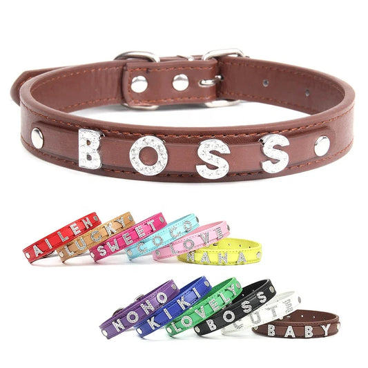 Wholesale Custom Waterproof Dog Collar Solid Color PU Leather Rhinestone Name Letters DIY Personalized Pet Collar Small