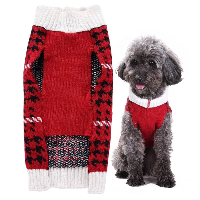 Cute Dog Sweater Red Houndstooth Knit Coat White Ribbed Trim Leisure Modern Design Winter Jumpers Outfit Small Dogs Acrylic Warm