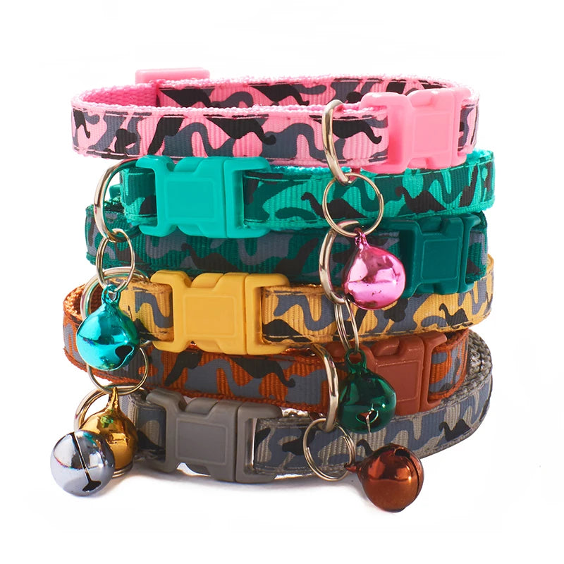 Camouflage Print Tactical Dog Cat Collar-Colorful Nylon Safety Buckle Bell Adjustable Training Ribbons 12 Colors Available All