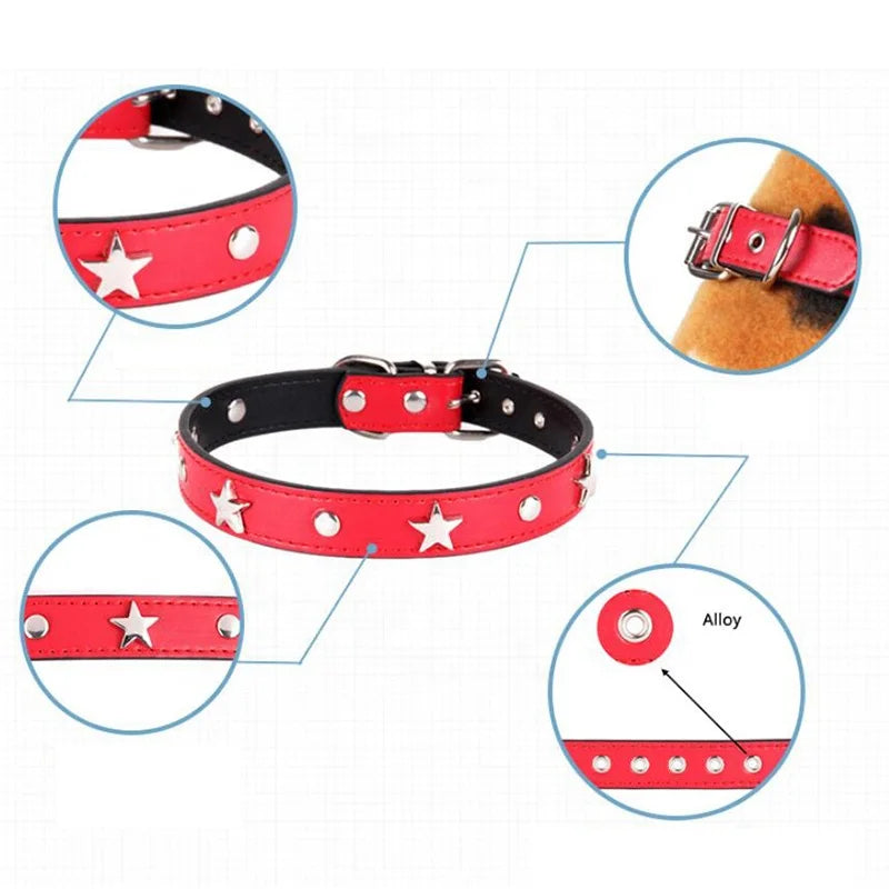 Punk Style Luxury Leather Dog Collar Star Design Fashion Solid Pattern Fur Decoration Metal Buckle Made PU-Ins Pet Leashes