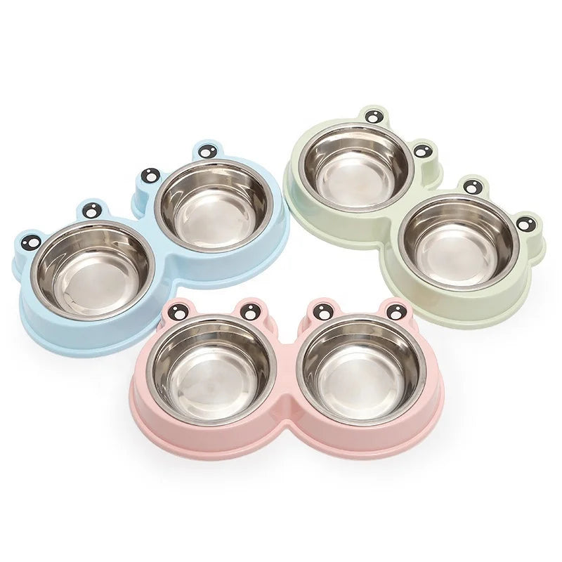 Eco-friendly Small Dog Double Bowls Cute Frog Shape Plastic & Stainless Steel Pet Cat Food Mixing Bowl Water Feeding ODM Supply