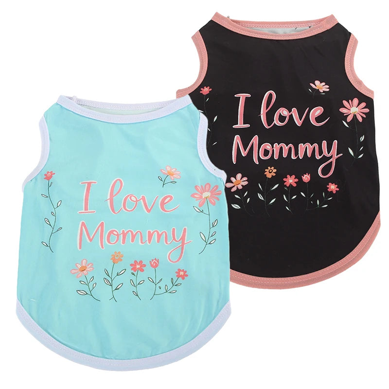 European American Style Summer XS Polyester Dog Vest High Elastic 'Free Kisses' and 'Love Mom Dad' Printed Stripe Pet Clothes