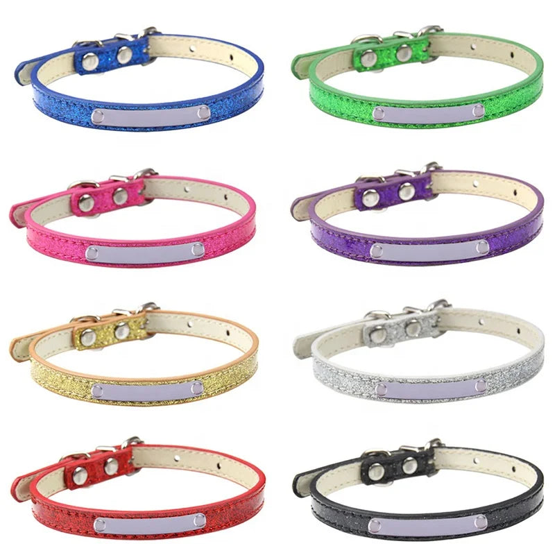 Low MOQ Shining PU Dog Collar with Custom Logo Solid Pattern Cat Neck Collars in XL XXL Sizes Engraved ID Name