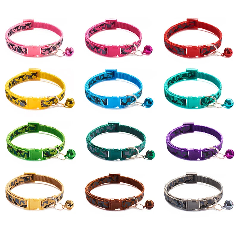 Camouflage Print Tactical Dog Cat Collar-Colorful Nylon Safety Buckle Bell Adjustable Training Ribbons 12 Colors Available All