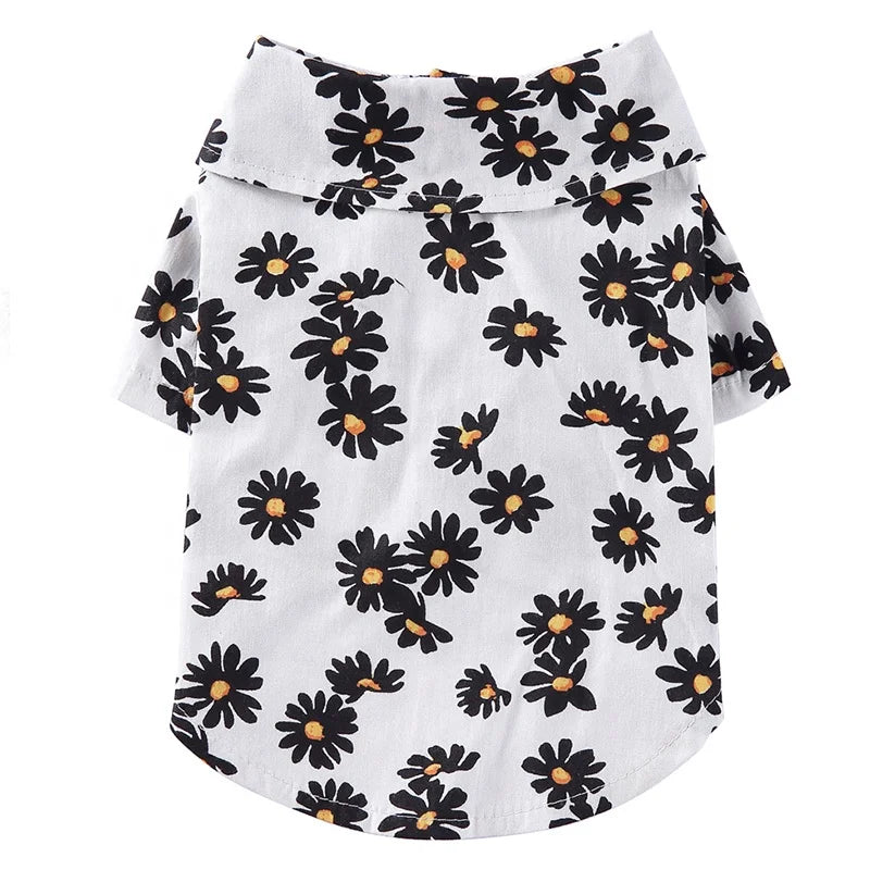 Hawaii Style Daisy Print Polyester Pet Coat Small Medium Dogs Breathable Short Sleeve Summer Shirt Collar Cute Floral Design