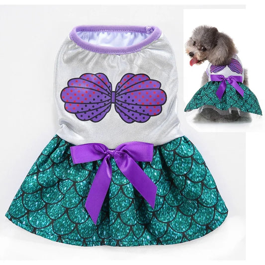 Shining Green Modern Mermaid Fish Tail Spring Summer Dress for Dogs Cute Princess Style Pet Clothes Stylish Mermaid Printing