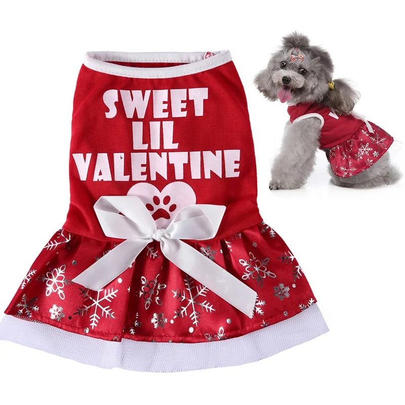 Valentine Dress for Dogs-Red 'Sweet Lil Valentine' Holiday Outfit Snowflake Print Polyester Cute Lightweight Dog Summer Spring