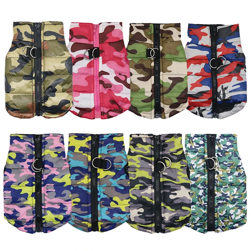 Warm Polyester Padded Geometric Mediterranean Pink Green Camouflage Service Dog Harness Vest Pet Winter Coat