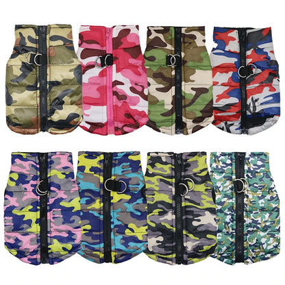 Warm Polyester Padded Geometric Mediterranean Pink Green Camouflage Service Dog Harness Vest Pet Winter Coat