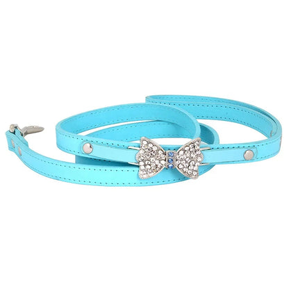 Luxury Small PU Leather Dog Collar Silver Rhinestone Bow Knot Soft Solid Animal Pattern ABS Cotton Free Cat Friendly Pet Leash