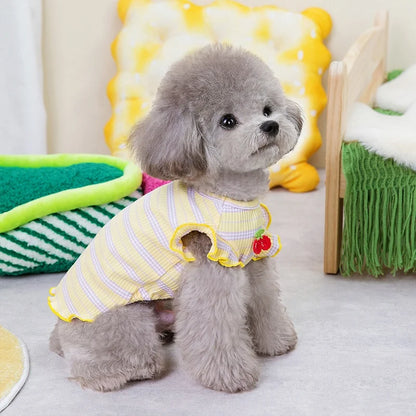 Cute Cherry Embroidered Pet Vest Small Dogs Cats-Spring Summer Lightweight Striped Pattern Breathable Cotton Blend Princess Cut