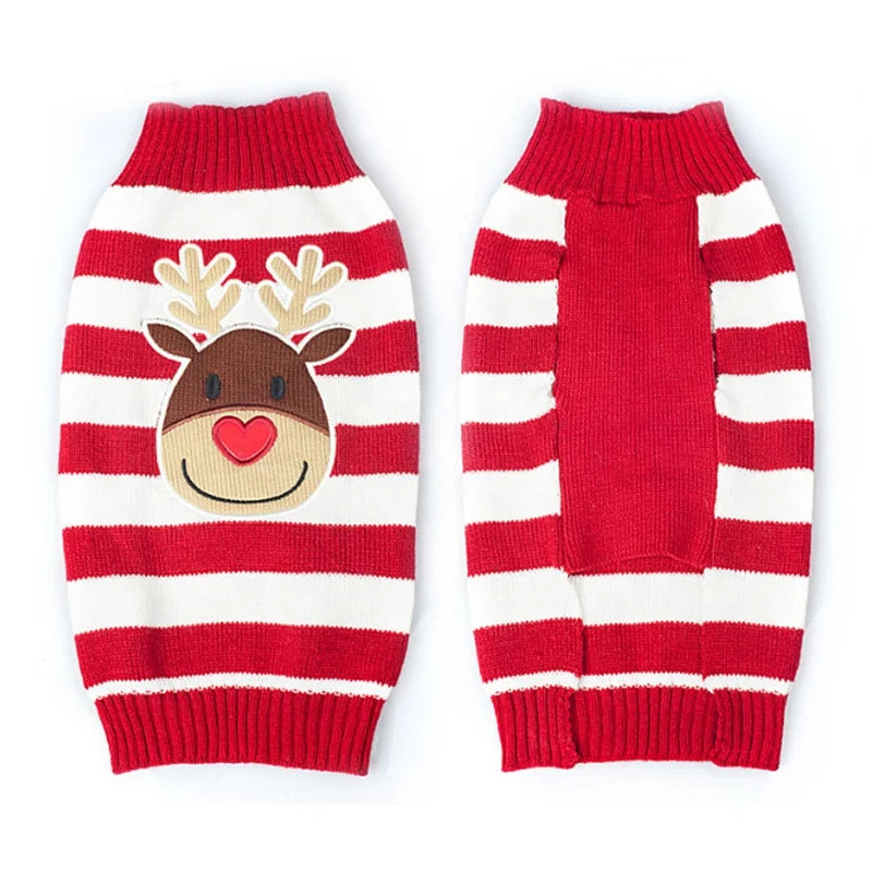 Christmas Reindeer Applique Pet Sweater Striped Knit Pullover XS Small Medium Dogs Winter Acrylic High Neck Ribbed Trim Red Blue