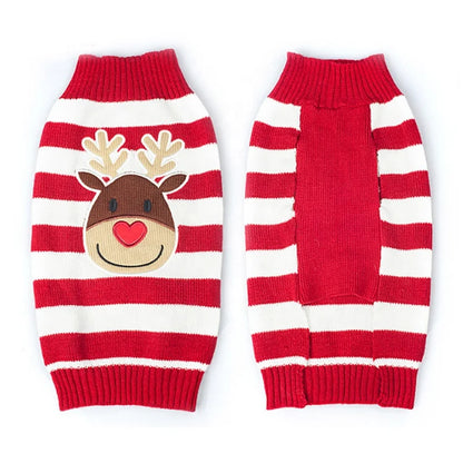 Christmas Reindeer Applique Pet Sweater Striped Knit Pullover XS Small Medium Dogs Winter Acrylic High Neck Ribbed Trim Red Blue