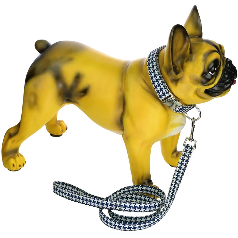 Adjustable Durable Luxury Cotton Linen Dog Collar Leash Set Houndstooth Pattern Buckle Closure Spot Clean Pet Accessories for