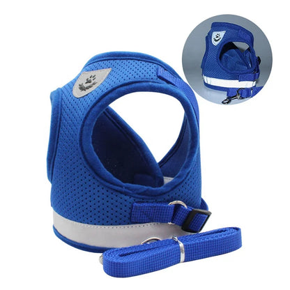 Custom Logo Dog Harness Set with Breathable Mesh & Reflective Strip Polyester Plaid Pattern Fur Decoration Leash