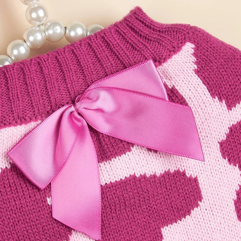 Super Cute Eco-Friendly Small/XS Size Pink Bowknot Sweet Heart Dog Winter Sweater Animal Pattern Pet Apparel Valentine's Day
