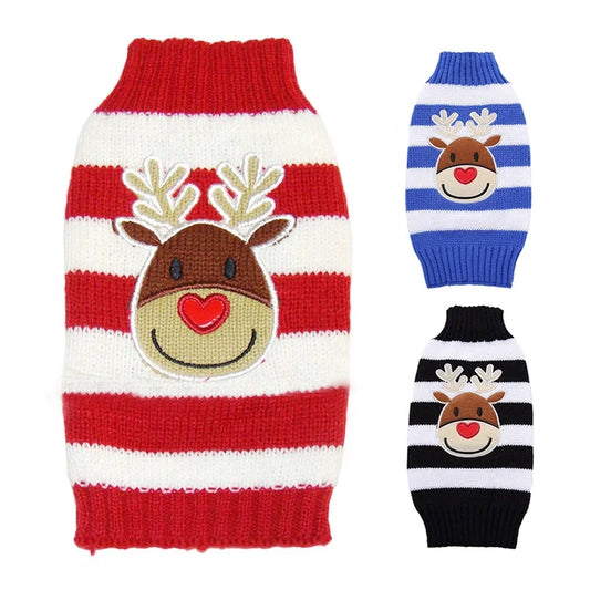 Christmas Reindeer Applique Pet Sweater Striped Knit Pullover XS Small Medium Dogs Winter Acrylic High Neck Ribbed Trim Red Blue