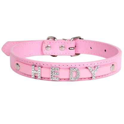 Wholesale Custom Waterproof Dog Collar Solid Color PU Leather Rhinestone Name Letters DIY Personalized Pet Collar Small