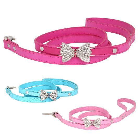 Luxury Small PU Leather Dog Collar Silver Rhinestone Bow Knot Soft Solid Animal Pattern ABS Cotton Free Cat Friendly Pet Leash