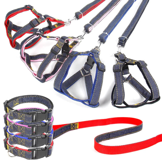 Hot Sale Comfortable & Stylish Denim Pet Harness Leash Collar Set with Buckle Closure-Simple Fashion Design for Dogs All Seasons