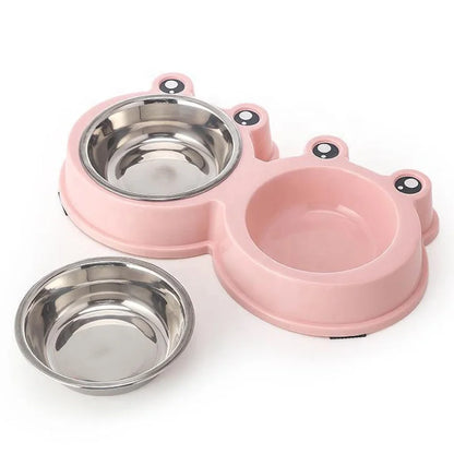 Eco-friendly Small Dog Double Bowls Cute Frog Shape Plastic & Stainless Steel Pet Cat Food Mixing Bowl Water Feeding ODM Supply