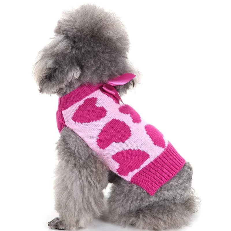 Super Cute Eco-Friendly Small/XS Size Pink Bowknot Sweet Heart Dog Winter Sweater Animal Pattern Pet Apparel Valentine's Day