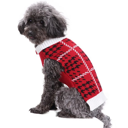 Cute Dog Sweater Red Houndstooth Knit Coat White Ribbed Trim Leisure Modern Design Winter Jumpers Outfit Small Dogs Acrylic Warm