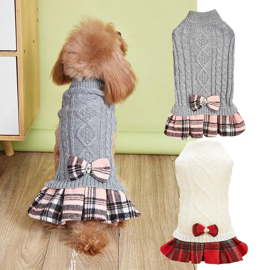 Cute Acrylic Knitted Dog Sweater Skirt Mock Two-Piece Set Pet Dress for Dogs Cats Winter Leisure Fashion Bow Tie Gray White