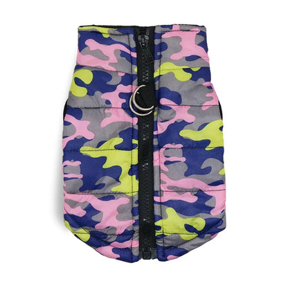 Warm Polyester Padded Geometric Mediterranean Pink Green Camouflage Service Dog Harness Vest Pet Winter Coat