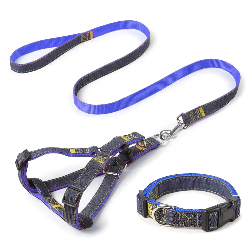 Premium Quality Durable Denim Dog Leash Harness Set Stylish Fur Collar Simple Design Small Medium Sizes for Cats Furry Friends