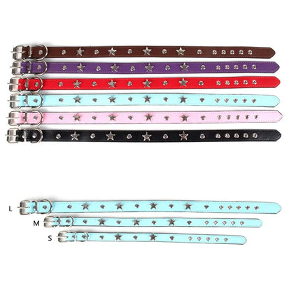 Punk Style Luxury Leather Dog Collar Star Design Fashion Solid Pattern Fur Decoration Metal Buckle Made PU-Ins Pet Leashes