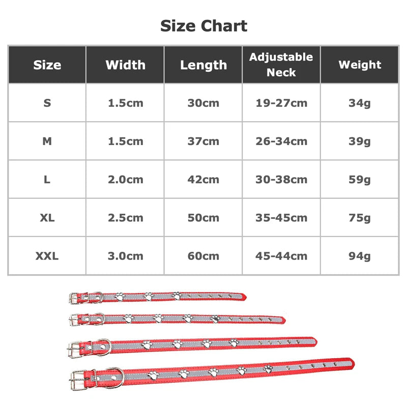 Modern Solid Reflective PU Dog Collar Paw Print Decor Durable Adjustable Pet Dogs Night Safety Design Reflective Strip