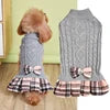 Cute Acrylic Knitted Dog Sweater Skirt Mock Two-Piece Set Pet Dress for Dogs Cats Winter Leisure Fashion Bow Tie Gray White