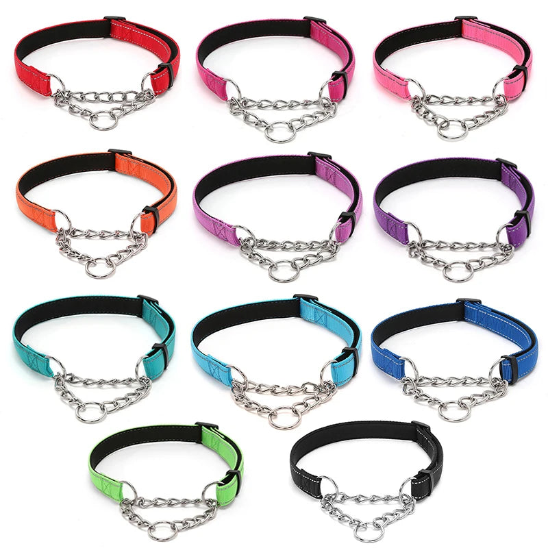 Reflective Modern Luxury Nylon+Metal Dog Collar P-Chain Anti-Burst Shockproof Adjustable Safety Chain Durable Outdoor Use