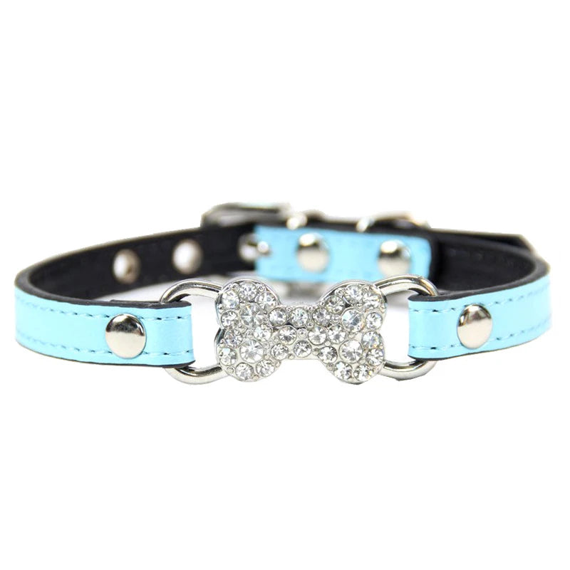 Luxury Rhinestone Bone Charm PU Leather Adjustable Soft Dog & Cat Collar Buckle Closure Multiple Colors All Seasons