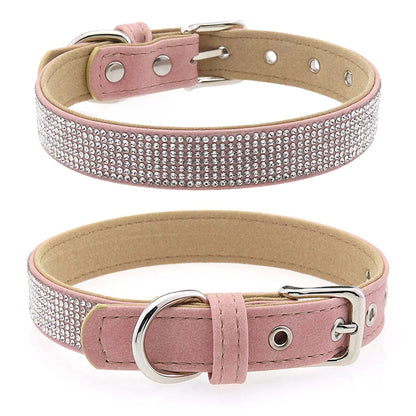 Elegant Solid Retro Suede Rhinestone Dog Collar with D-Ring Durable PU Leather Adjustable Buckle for Cats & Dogs