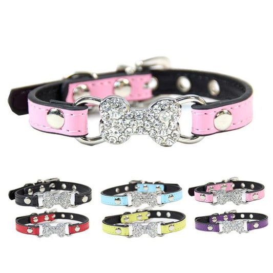 Luxury Rhinestone Bone Charm PU Leather Adjustable Soft Dog & Cat Collar Buckle Closure Multiple Colors All Seasons