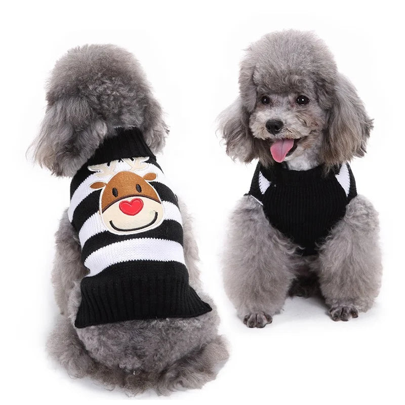 Christmas Reindeer Applique Pet Sweater Striped Knit Pullover XS Small Medium Dogs Winter Acrylic High Neck Ribbed Trim Red Blue