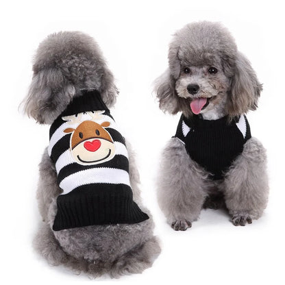 Christmas Reindeer Applique Pet Sweater Striped Knit Pullover XS Small Medium Dogs Winter Acrylic High Neck Ribbed Trim Red Blue