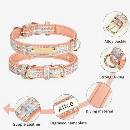 GorisPet Luxury Dog Collar Custom Engraving Double D-Rings Hanging Accessories Space Cotton Lining PU Material Plaid Pattern