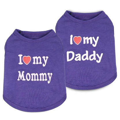 Wholesale Cute I Love Daddy Mommy Printed Cotton Dog T Shirts Tank Tops in XS S XL Sizes for Spring Summer Autumn Seasons
